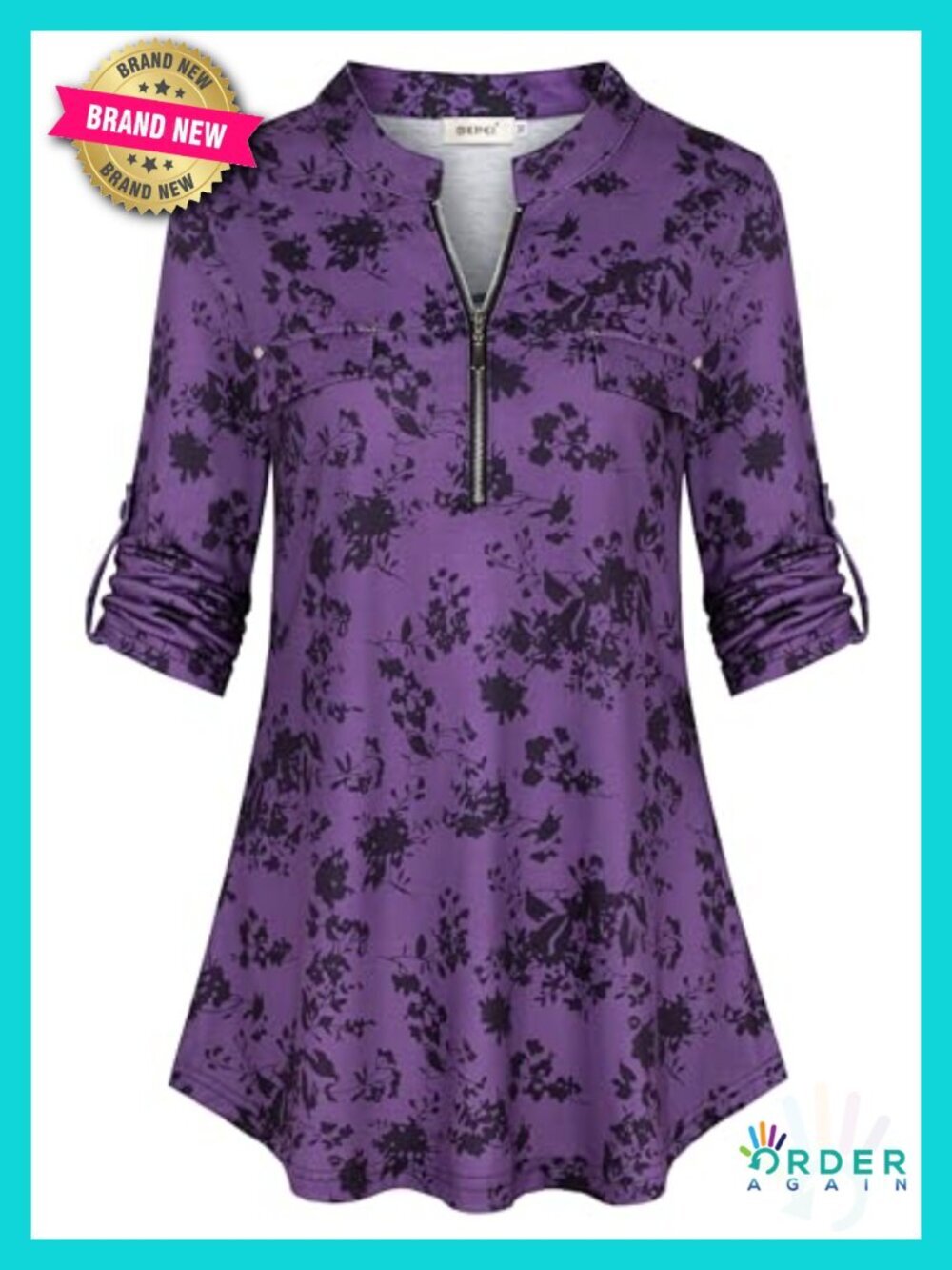 95% Polyester and 5% Spandex 3/4 Sleeve V Neck Zip Up Tunic Top